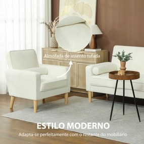 Sofá Sala de Estar Estofada em Veludo Poltrona de Leitura com Assento com Botões e Pés de Madeira 76x79x82 cm Creme