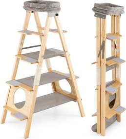 Arranhador para gatos em madeira dobrável com escada Torre alta em pinho maciço de 5 níveis cinzento