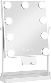 HOMCOM Espelho de Maquilhagem com Luz 9 Lâmpadas LED 3 Cores Interruptor Tátil Suporte para Telemóvel Branco | Aosom Portugal