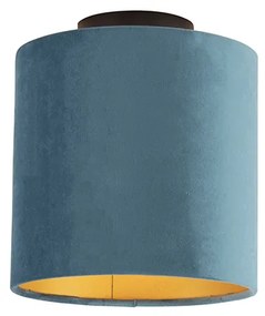 Candeeiro de teto com abajur de veludo azul com dourado 20 cm - Combi preto Clássico / Antigo