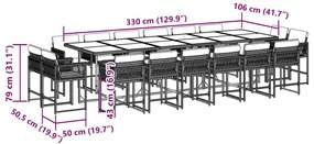 17 pcs conjunto de jantar p/ jardim c/ almofadões vime PE preto