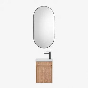 Conjunto De Móvel De Casa De Banho Suspenso Em Madeira Com Lavatório Integrado Narek Castanho Fresno & Ovale Led E Antifog Preto 50x100 Cm Asteiro & P