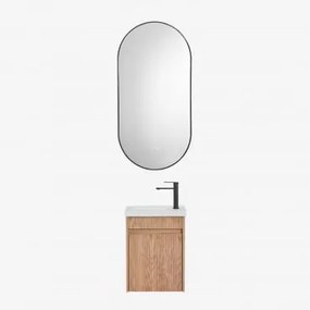 Conjunto De Móvel De Casa De Banho Suspenso Em Madeira Com Lavatório Integrado Narek Castanho Fresno & Ovale Led E Antifog Preto 50x100 Cm - Sklum
