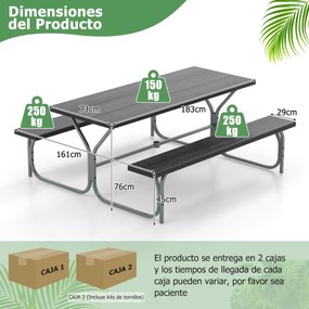 Conjunto jardim de 2 bancos e mesa para 8 pessoas com estrutura metálica Buraco para guarda-sol Preto