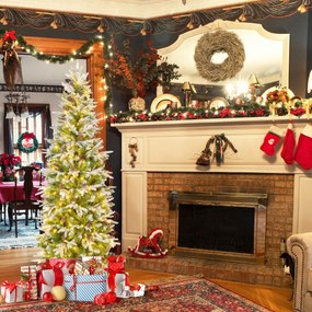 Árvore de Natal pré-iluminada de 190 cm com 280 luzes LED Neve simulada 671 ramos articulados e 60 pinhas Árvore fina Verde