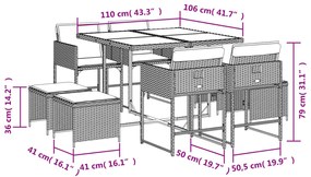 9 pcs conj. jantar jardim c/ almofadões vime PE bege misturado