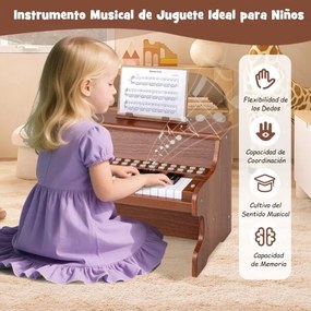 Piano de brincar com 25 teclas para crianças 38 x 24 x 29 cm, com suporte e modo de aprendizagem, velocidade e volume ajustáveis, design em madeira Ca