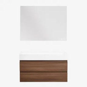 Conjunto De Móvel De Casa De Banho Em Madeira E Chapa De Freixo Com Lavatório Integrado Ona Madeira Escura & Retangular Led - Sklum