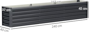 Floreira de horta elevada em aço galvanizado, com barras de suporte e placas de canto, fundo aberto, 240 x 40 x 45 cm, cinzento escuro