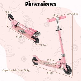 Trotinete dobrável para crianças com 2 rodas intermitentes Guiador ajustável Sistema de travão traseiro com apoios para os pés para crianças a partir