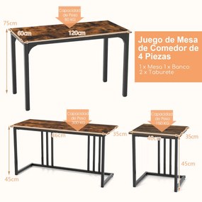 Conjunto de mesa de jantar de 4 peças com banco e 2 bancos com estrutura metálica Conjunto de móveis de cozinha industrial Castanho