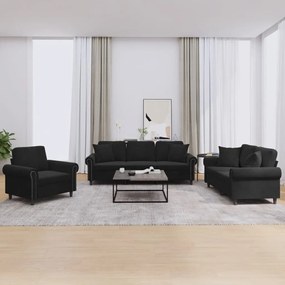 3202195 vidaXL 3 pcs conjunto de sofás com almofadas veludo preto