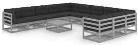 12 pcs conj. lounge de jardim + almofadões pinho maciço cinza