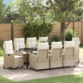 vidaXL Conjunto de jantar de jardim com 9 peças e almofadas bege, feito de vime polirattan.