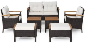 Conjunto de jardim de 7 peças em rattan com almofadas 2 Pufes e 2 mesas Tampo da mesa e apoios de braços Castanho misto e Branco