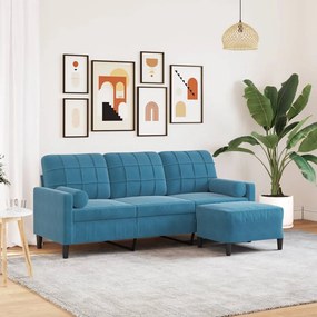 Sofá de 3 lugares com apoio de pés 180 cm veludo azul