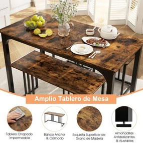 Conjunto de mesa de jantar de 4 peças com banco e 2 bancos com estrutura metálica Conjunto de móveis de cozinha industrial Castanho