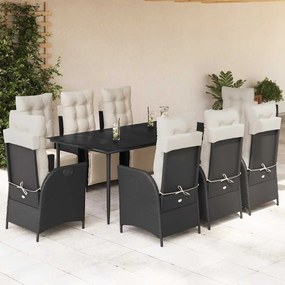 vidaXL 9 pcs conjunto de jantar p/ jardim c/ almofadões vime PE preto