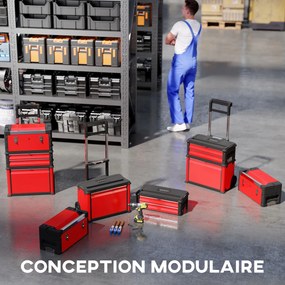 Conjunto de 3 caixas de ferramentas com rodas, empilháveis e modulares, em aço, com tabuleiro, pegas e fechadura, vermelhas