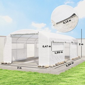 Estufa Túnel 6x3x2 m com 3 Portas Enroláveis, 6 Janelas com Rede e Estrutura de Aço Galvanizado Branco