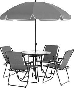 Conjunto de Mesa e Cadeiras de Jardim de 6 Peças com 4 Cadeiras Dobráveis Mesa de Vidro e Chapéu de Sol Cinzento