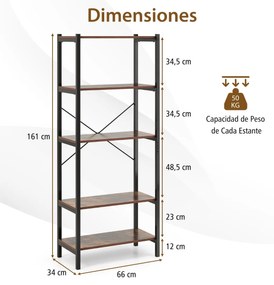 Estante de 5 níveis com estrutura metálica e sistema duplo anti-queda para escritório Sala de estar Castanho