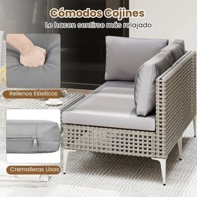 Conjunto de jardim de 5 peças em rattan com mesa de centro em vidro temperado Almofadas para assento e encosto cinza