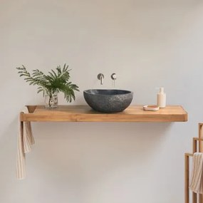 Conjunto De Móvel De Casa De Banho 130x45 Cm Suspenso Em Madeira De Teca Neill Madeira De Teca & Irregular Em Cimento Preto - Sklum