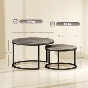 Conjunto de 2 mesas baixas centro encaixáveis e empilháveis, de design industrial, com tampo em imitação de cimento e pés em metal cinzentas e pretas