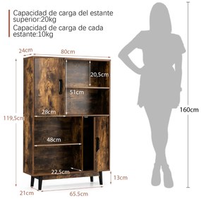 Armário de madeira com 4 níveis 2 Portas 4 Prateleiras Abertas para Sala de Estar Cozinha de Estudo 80 x 24 x 119,5 cm Castanho