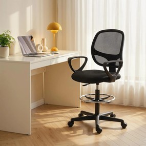 Cadeira de escritório ergonómica, cadeira de escritório com apoio para os pés e braços, altura ajustável, 59 x 58 x 103-123 cm, preta