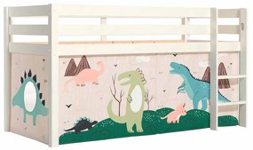 Cama alta de Criança PINO 90 x 200 cm + estrado + escada + cortina Dinossauro Branca