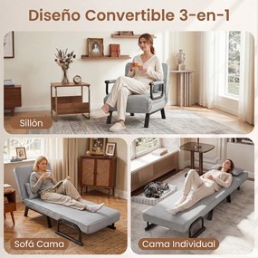 Sofá-Cama Individual, 186 x 64 cm, Conversível em 3 Modos, Cinzento-claro