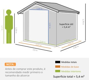 Outsunny Abrigo de Jardim 260x206x179cm 4,7m² Abrigo de Aço Galvanizado com Portas de Correr e Ventilações para Armazenamento de Ferramentas Verde