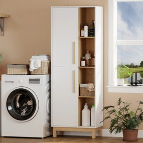 Móvel de casa de banho 62,5 L x 35 P x 176 A cm, móvel de arrumação, 2 portas, 4 compartimentos abertos e prateleiras ajustáveis, branco e natural