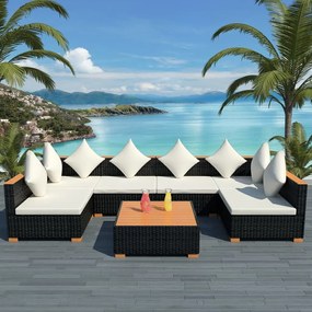 vidaXL 7 pcs conjunto lounge de jardim c/ almofadões vime PE preto