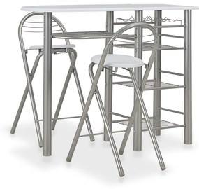 vidaXL 3 pcs conjunto de bar com prateleiras de madeira e aço branco