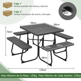 Conjunto de moveis jardim Mesa redonda e 4 bancos para 8 pessoas Carga 225 kg para jardim terraço campismo Preto