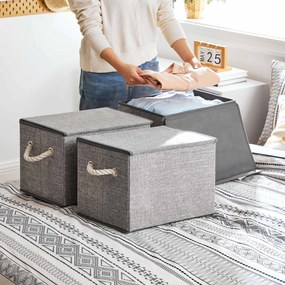 conjunto de 3 Caixas arrumação : 38 x 25 x 25 cm de tecido com tampa cinzentas