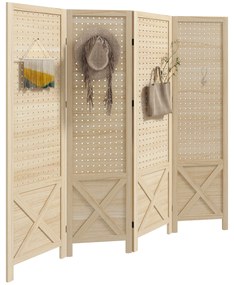 HOMCOM Biombo de 4 Painéis Separador de Ambientes Dobrável 152x1,7x144,5 cm Painéis com Orifícios para Pendurar Madeira | Aosom Portugal