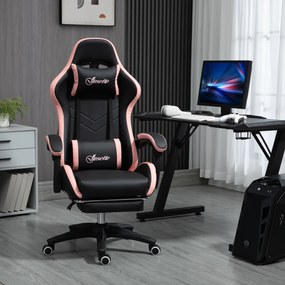 Cadeira Gaming de Couro PU com Altura Ajustável Reclinável 135° e Apoio para os Pés Retrátil 65x65x121-129 cm Rosa e Preto