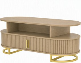 HOMCOM Mesa de Centro Oval, Mesa de Sala Moderna com Portas Tambor Deslizantes, Armazenamento Fechado, Prateleiras Abertas, Carvalho | Aosom Portugal