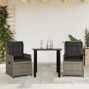 vidaXL 3 pcs conjunto de jantar p/ jardim c/ almofadões vime PE cinza