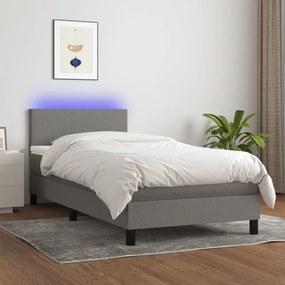 Cama box spring c/ colchão e LED 100x200 cm tecido cinza-escuro