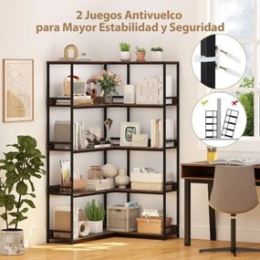 Estante de canto 110 x 89 x 180 cm com 5 níveis, 10 compartimentos abertos e protetor com pés para sala Castanha