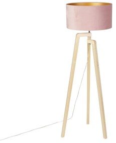 Lâmpada de assoalho de tripé de madeira com abajur de veludo rosa 50 cm - Puros Moderno
