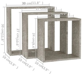 Prateleiras de parede em forma de cubo 3 pcs cinzento cimento