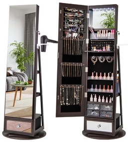 Armário para joias 56 cm x 164 cm giratório em 360° com espelho, luzes LED, fechadura e prateleira traseira em castanho escuro