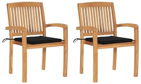 Cadeiras de jardim c/ almofadões pretos 2 pcs teca maciça
