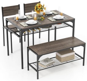 Conjunto de mesa, 2 cadeiras e um banco de jantar, com estrutura em metal e prateleira moderna para sala de jantar e cozinha cinza